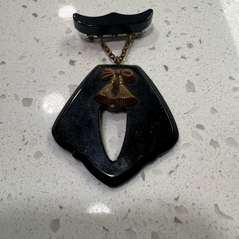 Vintage Black Brooch with Gold Chain